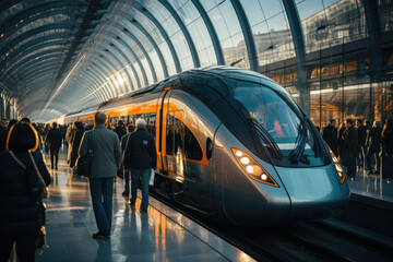 Crowd of passengers waiting to board a train at the train station
