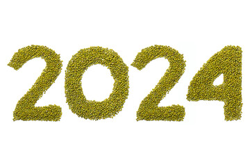 Calendar header number 2024 made of green lentils on a white background. Happy New Year 2024 colorful background.