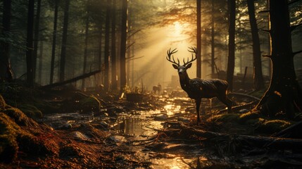A wild deer in a stream deep in the forest - obrazy, fototapety, plakaty