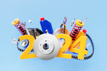 3d illustration design happy new year 2024 with auto parts for auto mechanic service concept isolated on blue background. - obrazy, fototapety, plakaty