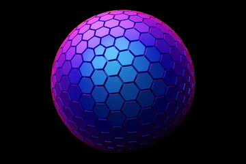 3D illustration of a   blue  sphere  with many faces, crystals scatter   on a black  background.  Cyber ball sphere