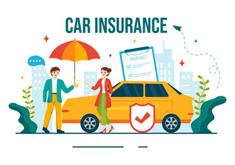 Car Insurance Vector Illustration for Protection For Vehicle Damage And Emergency Risks with Form Document and Cars in Flat Cartoon Background