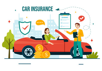 Car Insurance Vector Illustration for Protection For Vehicle Damage And Emergency Risks with Form Document and Cars in Flat Cartoon Background
