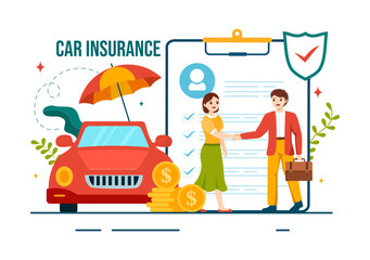 Car Insurance Vector Illustration for Protection For Vehicle Damage And Emergency Risks with Form Document and Cars in Flat Cartoon Background