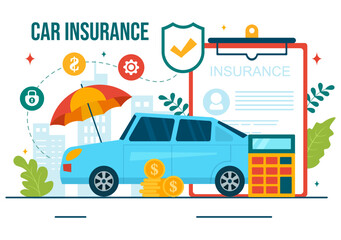 Fototapeta na wymiar Car Insurance Vector Illustration for Protection For Vehicle Damage And Emergency Risks with Form Document and Cars in Flat Cartoon Background