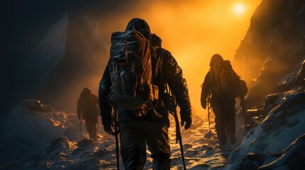 Mountaineer walking on the mountain at dawn - obrazy, fototapety, plakaty