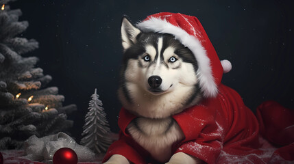 a Husky in a red Santa Claus