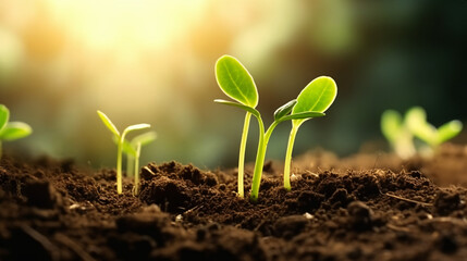 young bean seedlings in the ground - obrazy, fototapety, plakaty