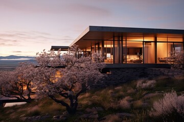 Fototapeta na wymiar A stunning two-level residence lies on a rugged field surrounded by blooming blossoms. Generative AI