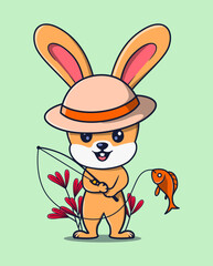 Obraz premium vector illustration of a rabbit in a hat catching a fish with a fishing rod. animal icon concept