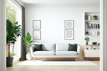 Front view of a light living room with a white wall, a sofa, a coffee table, a bookcase, a panoramic window, an oak wooden floor, and an empty white poster. minimalist design principle. Generative AI - obrazy, fototapety, plakaty