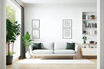 Fotobehang Front view of a light living room with a white wall, a sofa, a coffee table, a bookcase, a panoramic window, an oak wooden floor, and an empty white poster. minimalist design principle. Generative AI © Sona