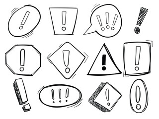 Hand drawn alert sign set. Scribble doodle exclamation point, warning sign