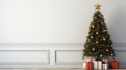 Naklejka na ściany i meble Christmas tree in living room on empty light white wall with copy space, generative ai