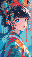Fototapeta premium Hand-drawn cartoon animation of beautiful Chinese costume girl illustration 