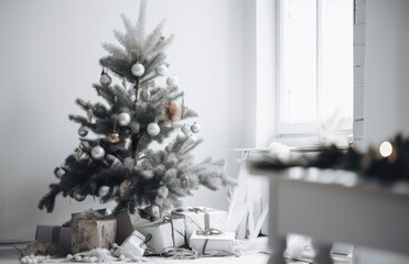 Christmas trees at home on white table with gifts and presents.