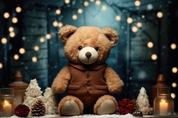 A dressed teddy bear sits alongside candles and pinecones, with the soft glow of blurred holiday lights in the background, creating a charming and festive scene. Photorealistic illustration