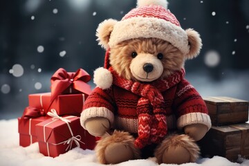 A teddy bear, dressed warmly in red attire, sits beside red-wrapped presents against a snowy background, creating a cozy and festive scene. Photorealistic illustration