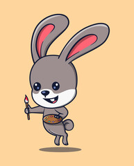 Fototapeta premium vector illustration of a painter rabbit animal jumping while holding a stationery. plants surrounding animals icon concept