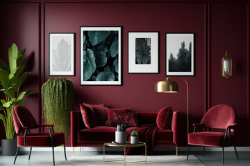 Dark red and maroon interior with four wall frames, furniture, and plants for poster presentation. Generative AI