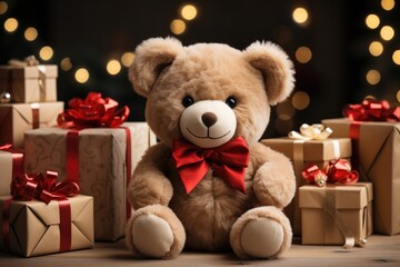 A teddy bear with a stylish red bow tie sits amid presents adorned with red ribbons, creating a chic and festive scene. Photorealistic illustration