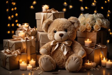 A teddy bear adorned with a silk ribbon is joined by presents wrapped in matching silk ribbons, alongside candles, creating a stylish and festive arrangement. Photorealistic illustration
