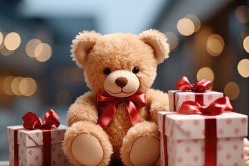 A closeup of a teddy bear sitting with presents, with the soft blur of holiday lights in the background, highlighting the festive and heartwarming scene. Photorealistic illustration