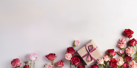 Ultra wide frame with blooming rose, petal and gift box on white rough background with copy space.