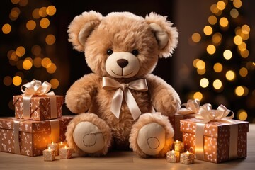 A cheerful teddy bear sits with presents, while blurred holiday lights in the background add to the festive and heartwarming ambiance. Photorealistic illustration