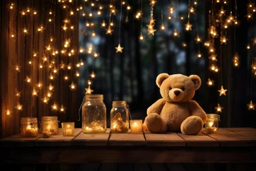 Fotobehang A teddy bear sits on a small stage with jars filled with lights, and hanging stars above, creating a whimsical and enchanting scene. Photorealistic illustration © DIMENSIONS