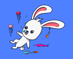 vector illustration of white rabbit diving in water with fish and jellyfish. animal icon concept