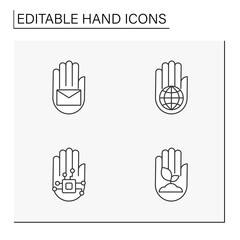 Hands line icons set. Accessibility for all spheres. Education, agriculture, health. Gesture concept. Isolated vector illustration. Editable stroke