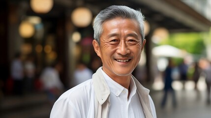 Obraz premium Well dressed mature Asian businessman smiling confidently while standing alone in the street