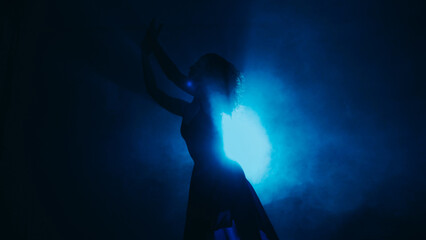 Silhouette performance. Contemporary dance. Sensual professional choreographer woman moving in dark mist blue spot light background copy space.