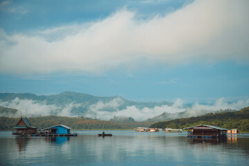 Fototapeta na wymiar view of lake, river, moutain, raft at Khao Laem national park in Kanchanaburi Thailand