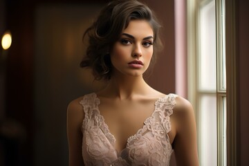 A model in a classic evening gown, showcasing elegance and poise, contrasted against a soft rose-colored setting. generative AI