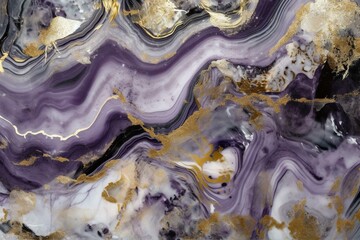 Abstract art with violet and grey tones, featuring marble swirls and agate ripples. Natural wallpaper with gold glitter. Generative AI - obrazy, fototapety, plakaty