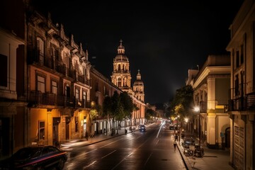 Vibrant streets of historic Mexican capital, lively night scene in high-resolution image. Generative AI