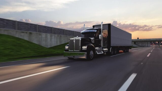 American style truck on freeway pulling load. Transportation theme. 4k 3D illustration