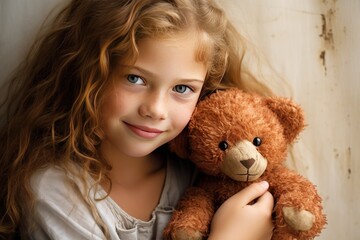 Teddy bear embraced by happy redhead child with curling hair, warm smile. Moments of Childhood Happiness