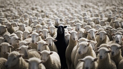 A black sheep surround with normal white sheep.