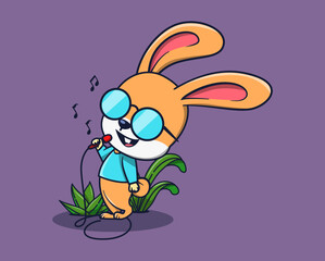 vector illustration of a rabbit wearing blue glasses singing using a cute microphone. animal icon concept