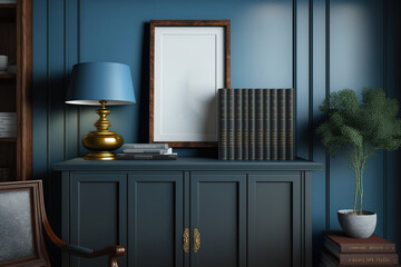 Classic dark wooden cabinet with books, lamp, and vases and vertical mock-up poster frame above it in blue living room home office lounge library. Red dining room backdrop. Generative AI