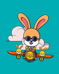 vector illustration of a rabbit wearing glasses riding an airplane. cute animal icon concept