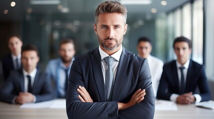 Fototapeta premium Handsome business man standing confident in the office in front of his team