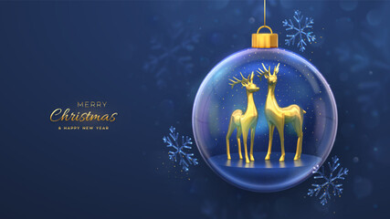 Obraz na płótnie Canvas Christmas greeting card. Golden deers in a transparent glass ball. Shining showflakes, glitter confetti. New Year Xmas blue background. Festive holiday poster, banner, flyer. 3D Vector illustration.