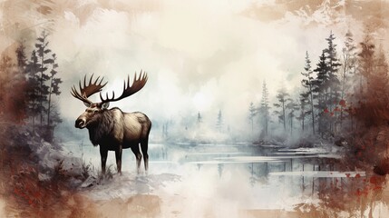 space for text on textured background surrounded by a moose in water color style, background image, generative AI