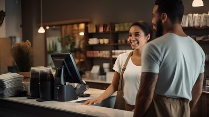 A young Latino man and woman working in a cafe are having a pleasant conversation. generative AI