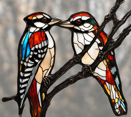 Downy Woodpecker bird, abstract painting in stained glass style