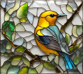 Prothonotary Warbler bird, abstract painting in stained glass style